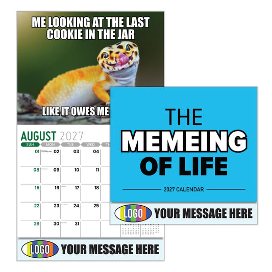 Calendar with a lizard meme and customizable text area, featuring the brand 'The Memeing of Life'.
