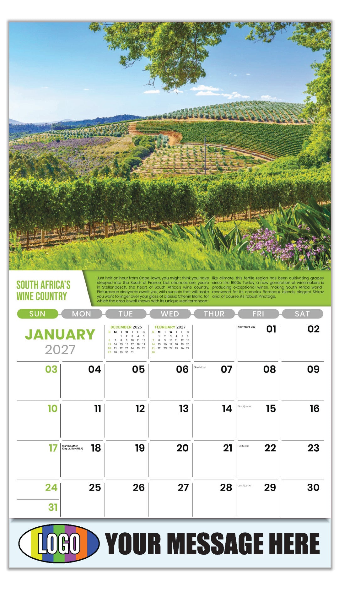 2027 Business Promotional Calendar - Vintages: Wine Tips - South Africa’s Wine Country  - January