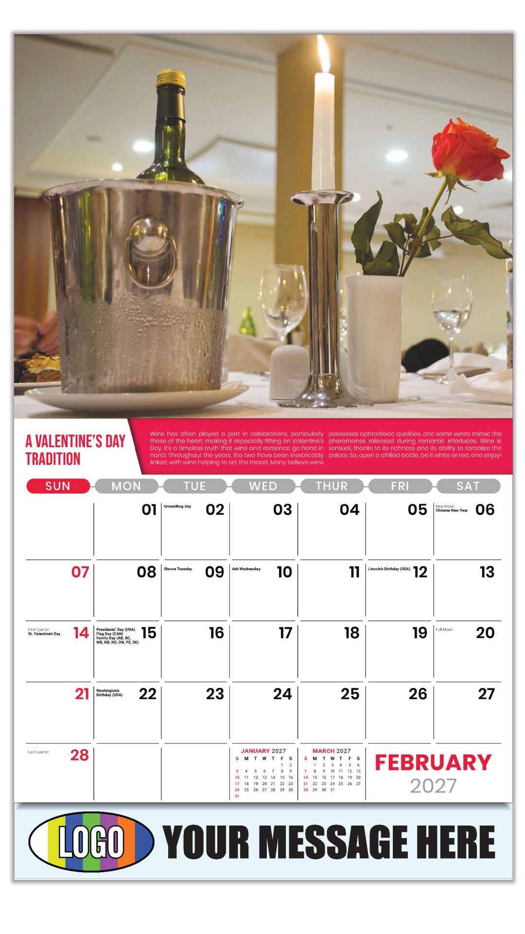 2027 Business Promotional Calendar - Vintages: Wine Tips - A Valentine’s Day Tradition - February