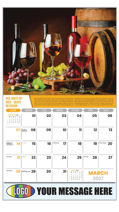 2027 Business Promotional Calendar - Vintages: Wine Tips - Red, White or Rose - Grape or Region - March