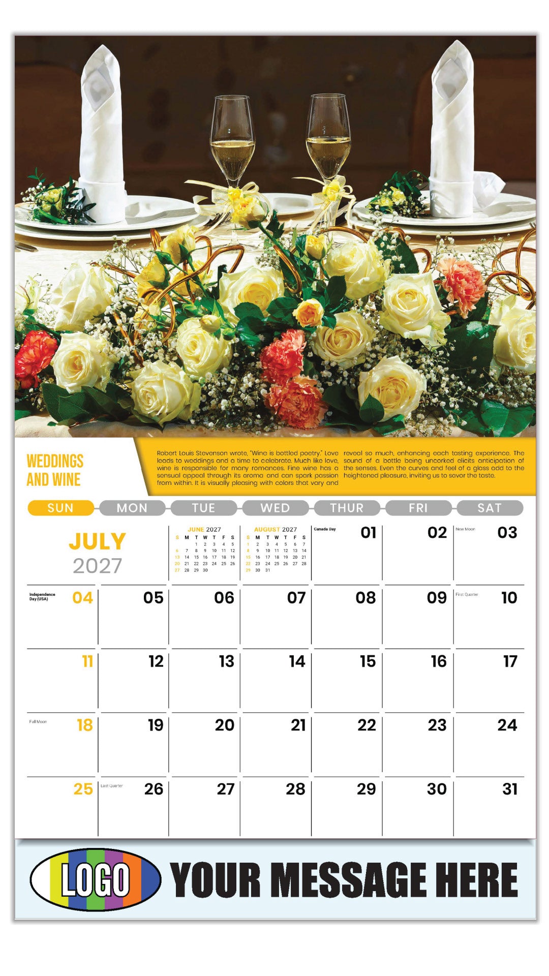 2027 Business Promo Calendar - Vintages: Wine Tips - Weddings and Wine - July