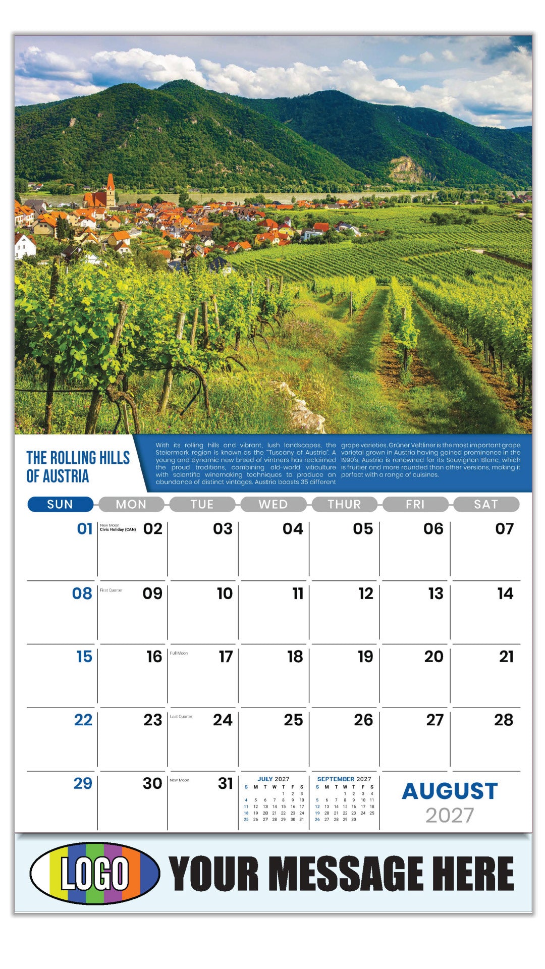 2027 Business Promo Calendar - Vintages: Wine Tips - The Rolling Hills of Austria - August