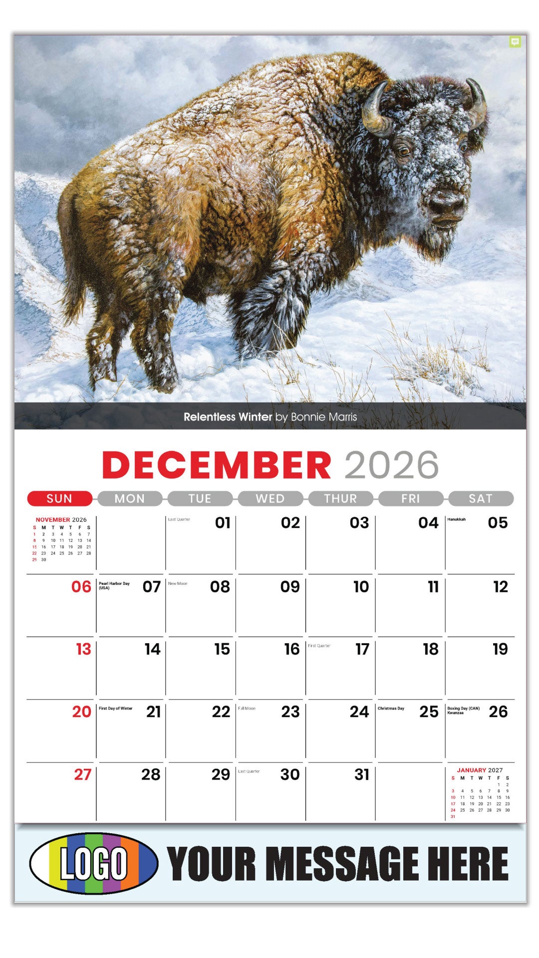 2027 Business Promotional Calendar - Wildlife Art - Relentless Winter by Bonnie Marris - December_a
