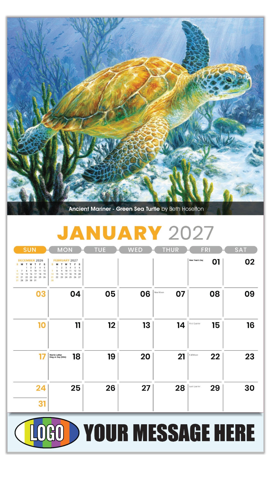 2027 Business Promotional Calendar - Wildlife Art -  Ancient Mariner - Green Sea Turtle by Beth Hoselton - January