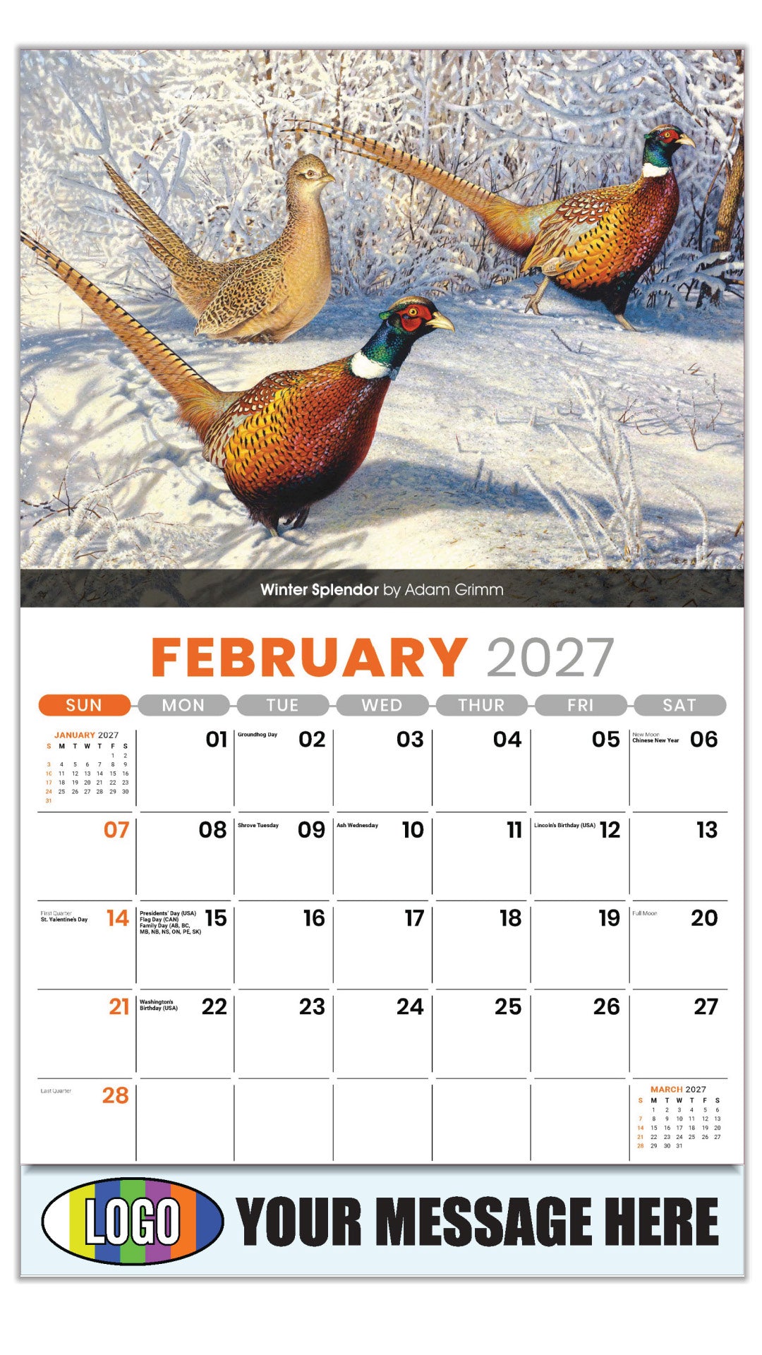 2027 Business Promotional Calendar - Wildlife Art - Winter Splendor by Adam Grimm - February