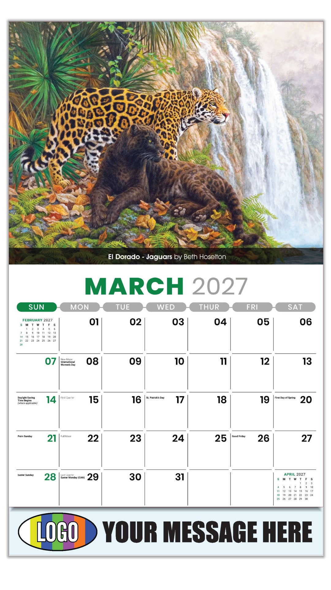 2027 Business Promotional Calendar - Wildlife Art -  El Dorado - Jaguars by Beth Hoselton - March