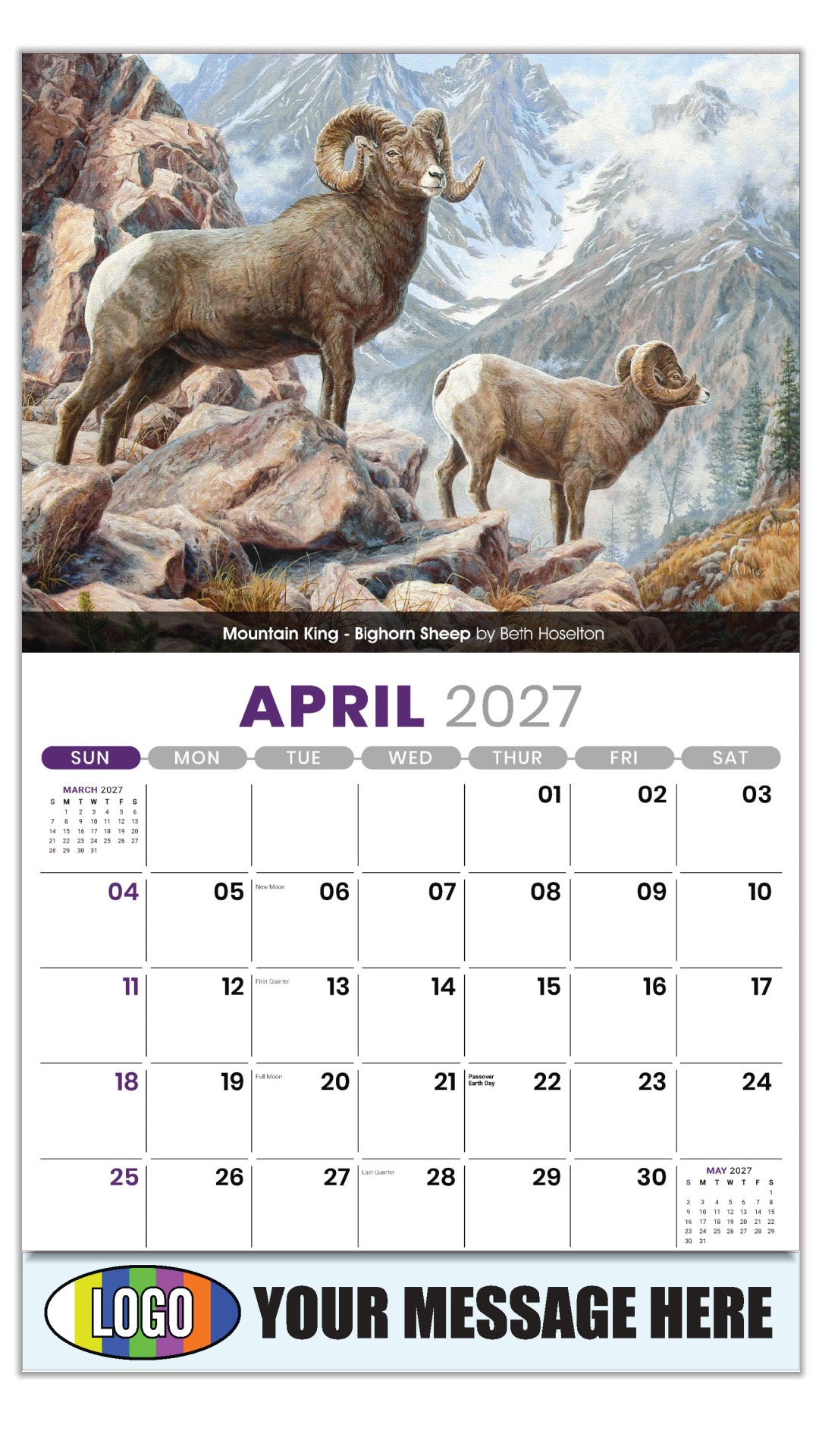 2027 Business Advertising Calendar - Wildlife Art -  Mountain King – Bighorn Sheep by Beth Hoselton - April