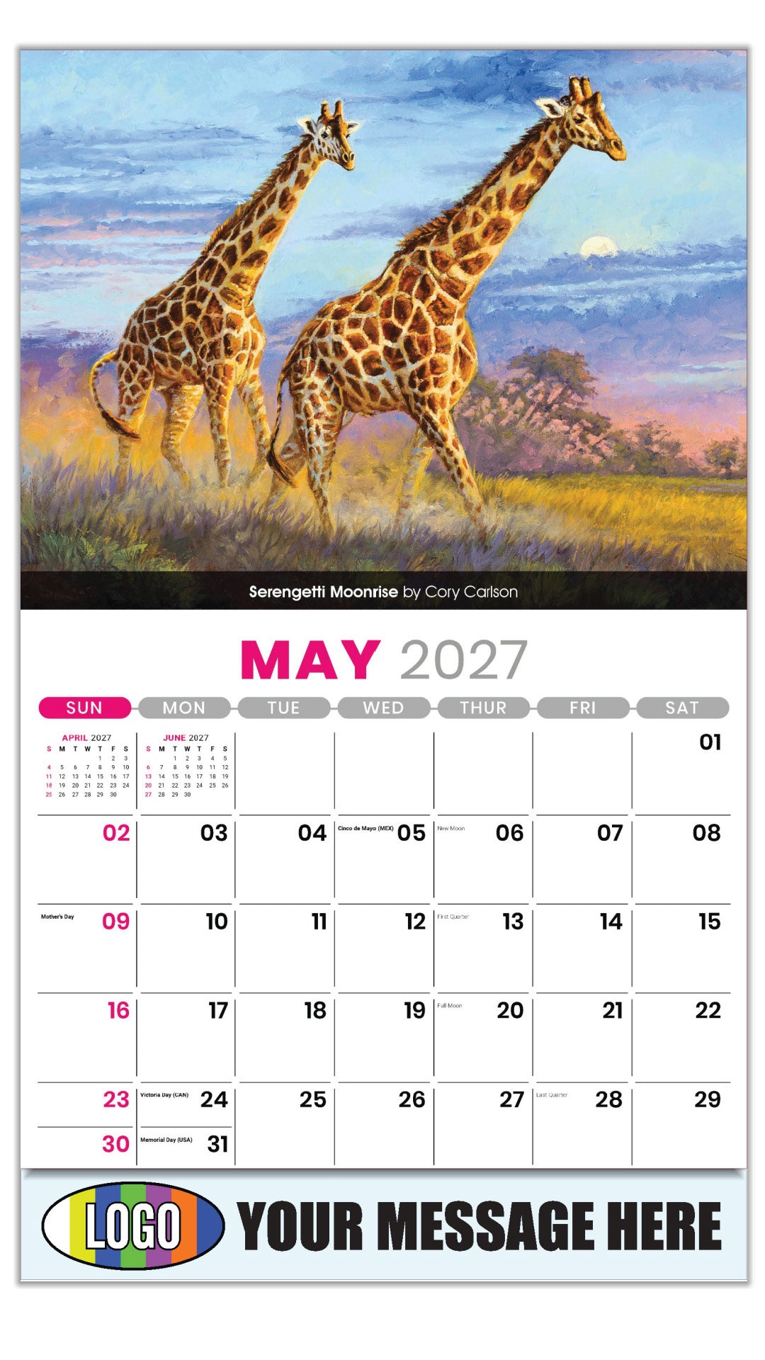 2027 Business Advertising Calendar - Wildlife Art - Serengetti Moonrise by Cory Carlson - May