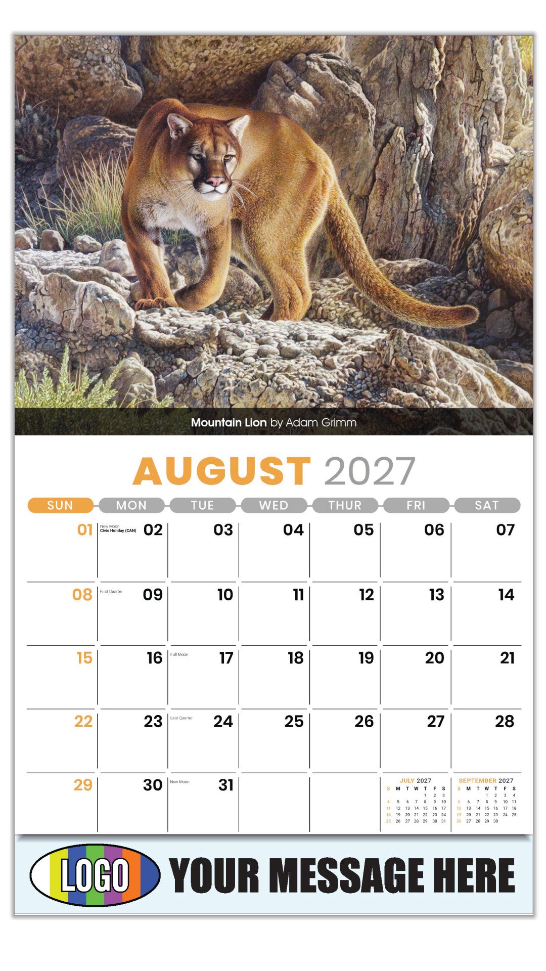 2027 Business Promo Calendar - Wildlife Art - Mountain Lion by Adam Grimm - August