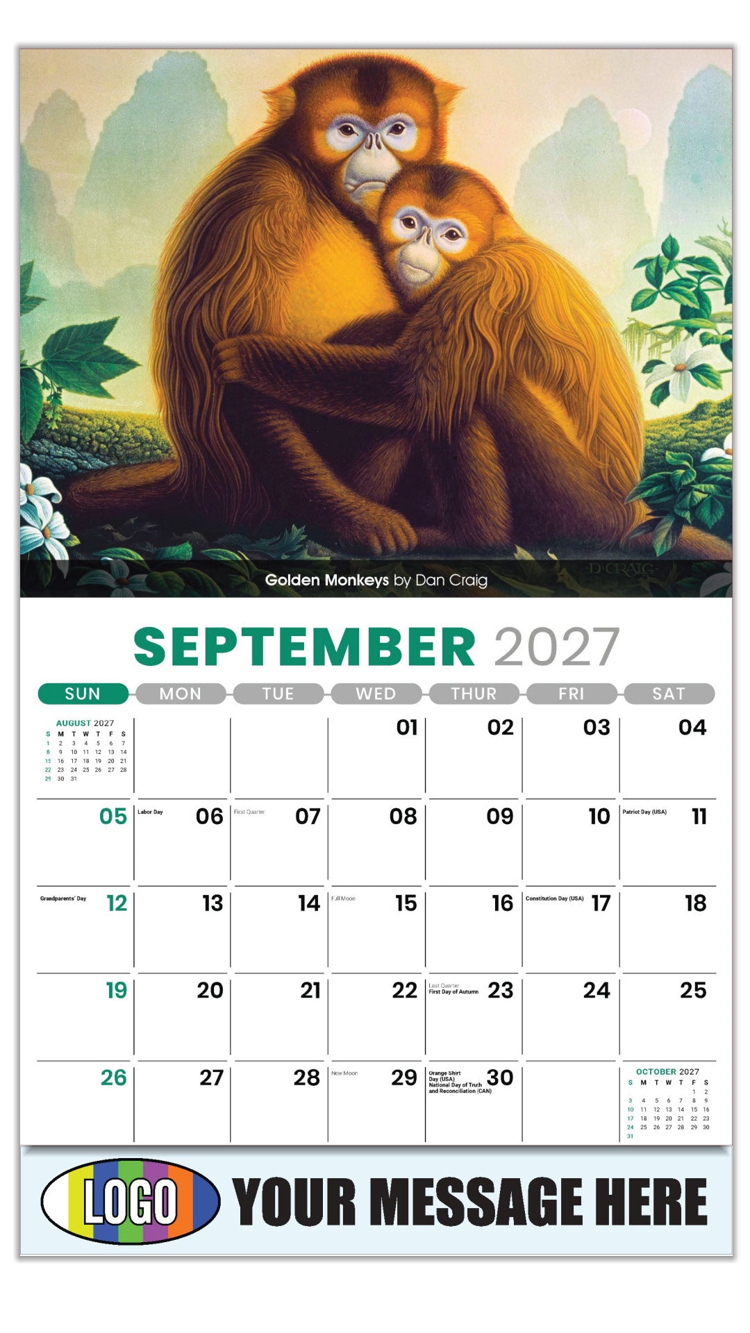 2027 Business Promo Calendar - Wildlife Art - Golden Monkeys by Dan Craig - September