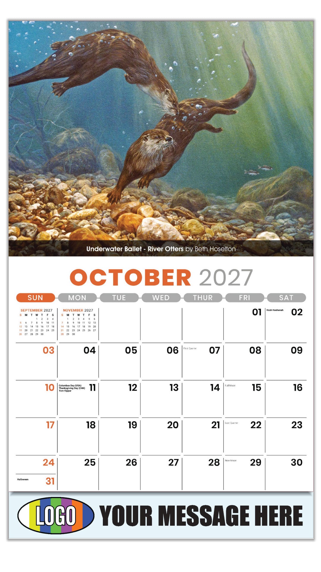 2027 Business Promotion Calendar - Wildlife Art - Underwater Ballet - River Otters by Beth Hoselton - October