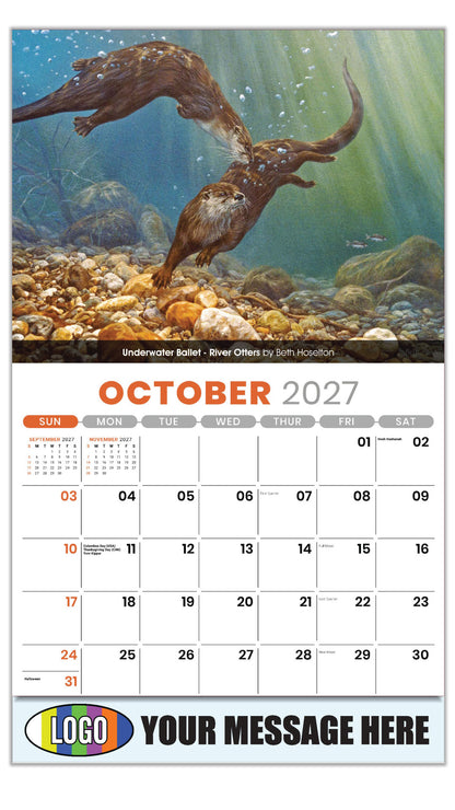 2027 Business Promotion Calendar - Wildlife Art - Underwater Ballet - River Otters by Beth Hoselton - October