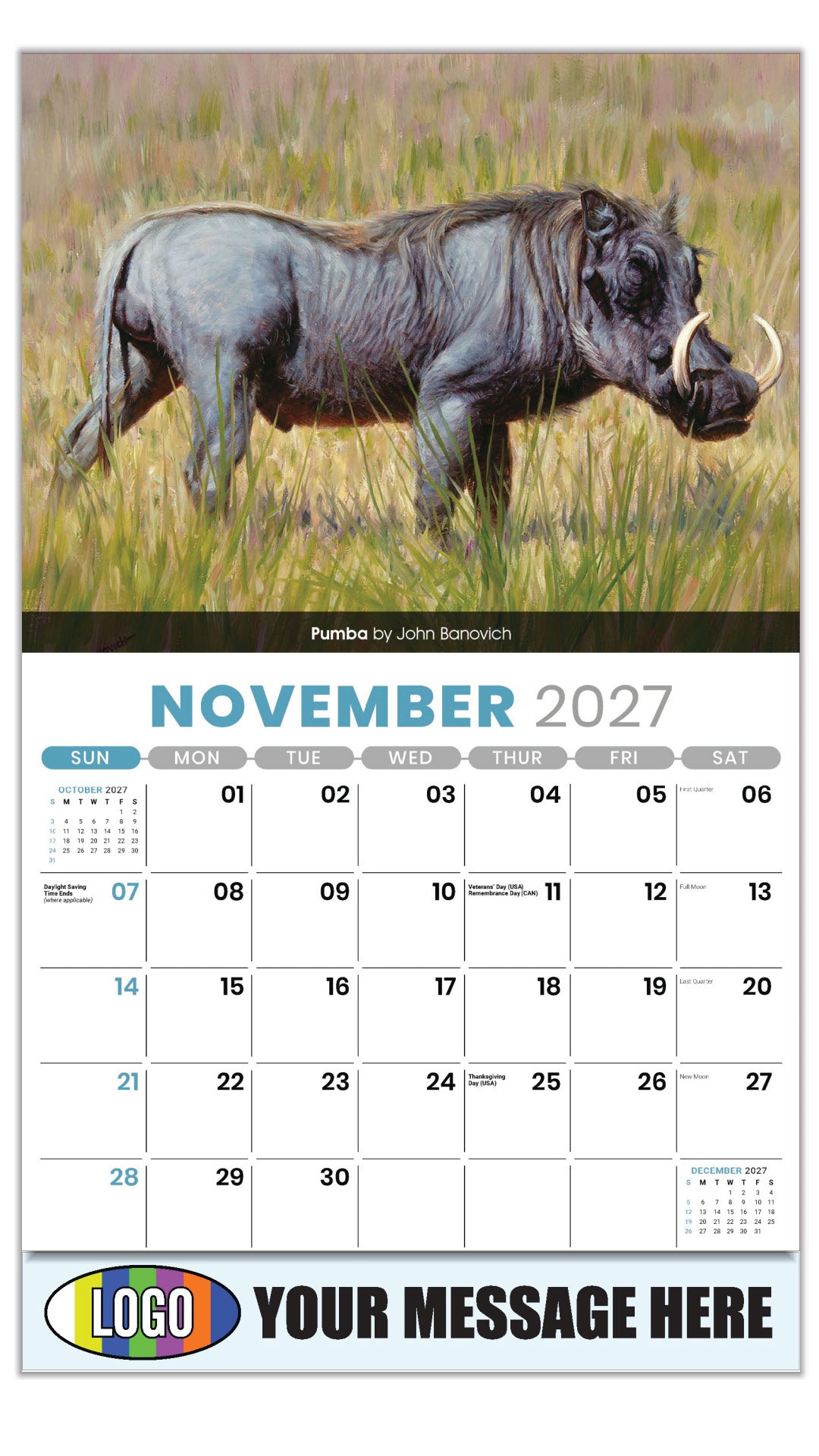 2027 Business Promotion Calendar - Wildlife Art - Pumba by John Banovich - November