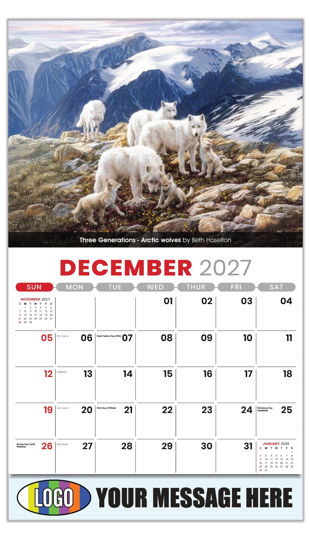 2027 Business Promotion Calendar - Wildlife Art - Three Generations - Arctic wolves by Beth Hoselton - December