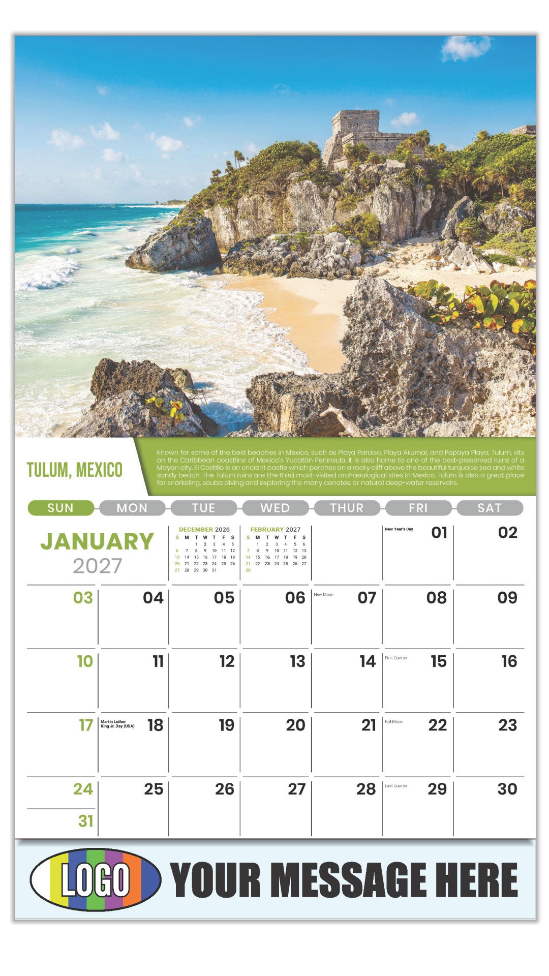 2027 Business Promotional Calendar - World Travel Destinations  - January - Telum, Mexico