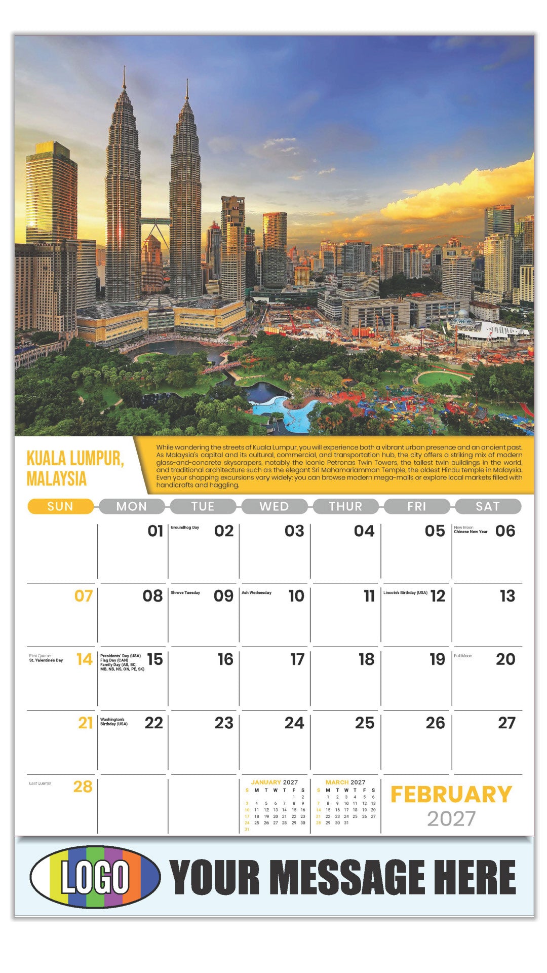 2027 Business Promotional Calendar - World Travel Destinations  - February - Kuala Lumpar, Malaysia