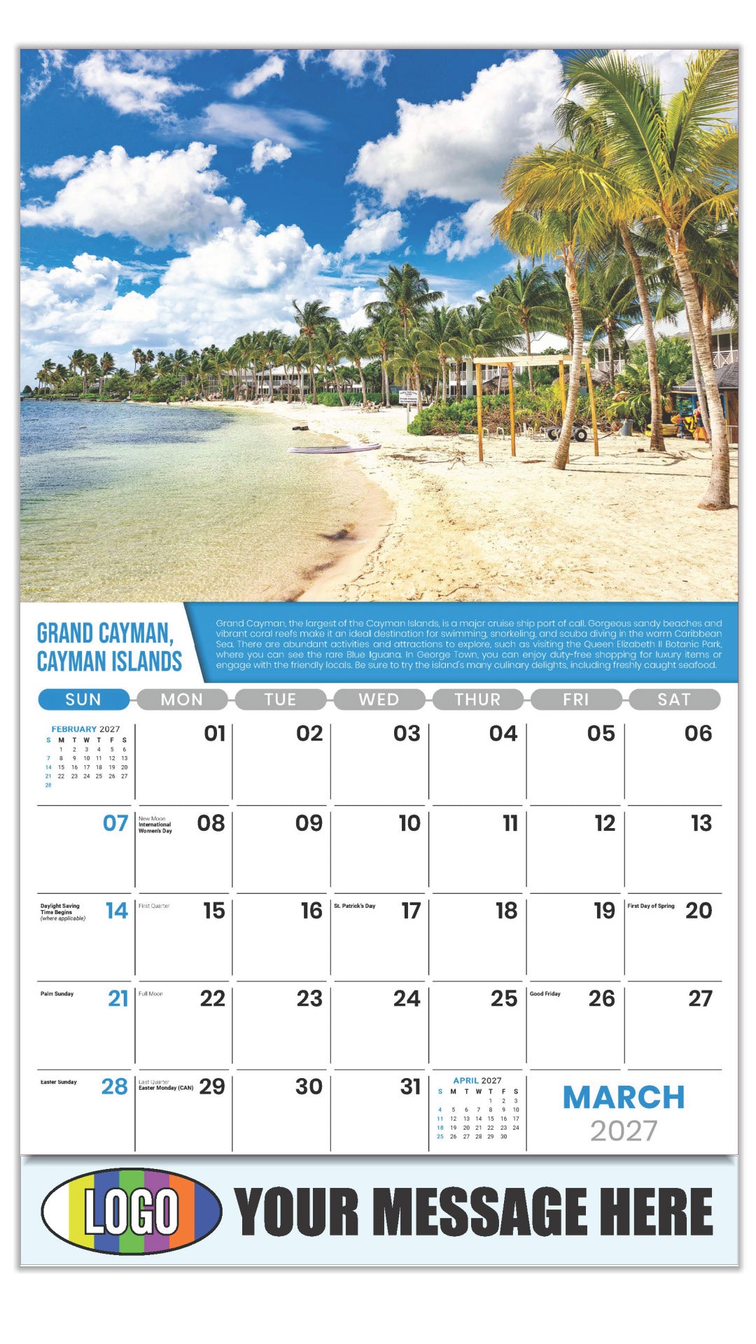 2027 Business Promotional Calendar - World Travel Destinations  - March - Kaibo Beach, Grand Cayman, Cayman Islands