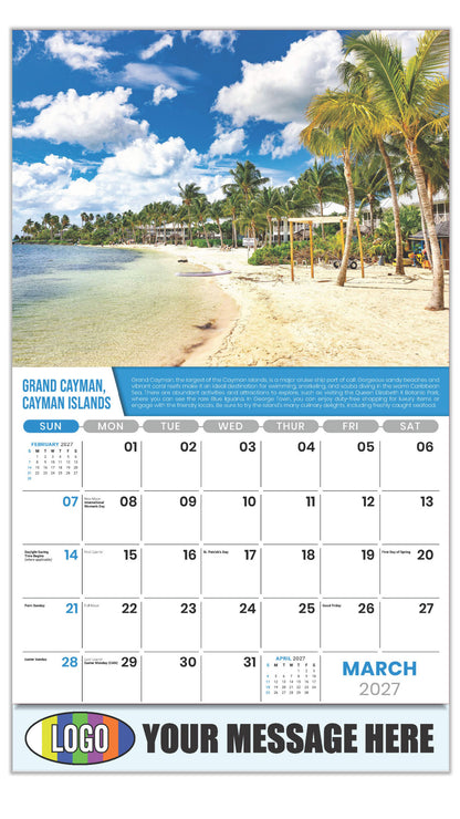 2027 Business Promotional Calendar - World Travel Destinations  - March - Kaibo Beach, Grand Cayman, Cayman Islands