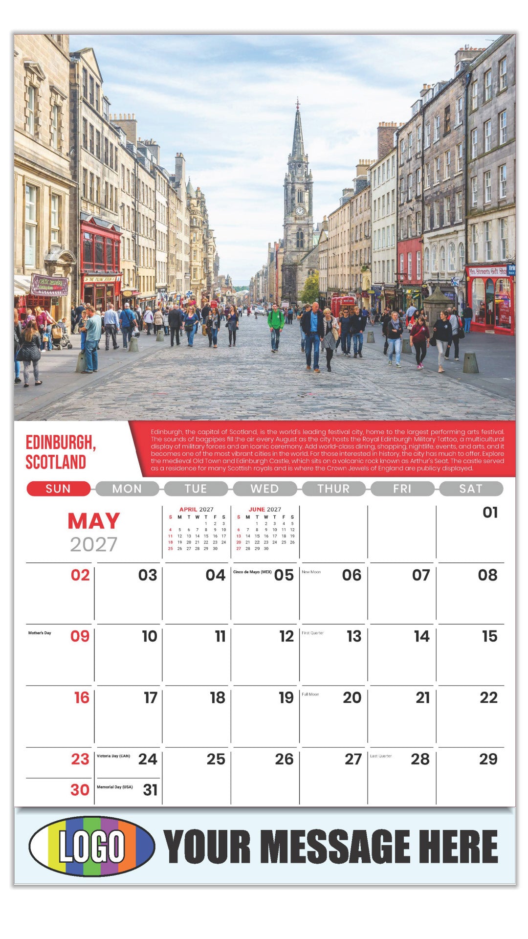 2027 Business Advertising Calendar - World Travel Destinations  - May - Edinburgh, Scotland