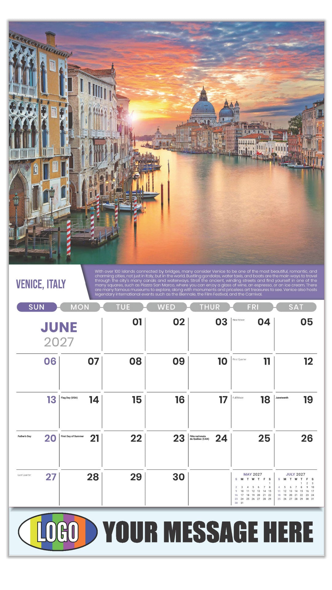 2027 Business Advertising Calendar - World Travel Destinations  - June - Venice, Italy