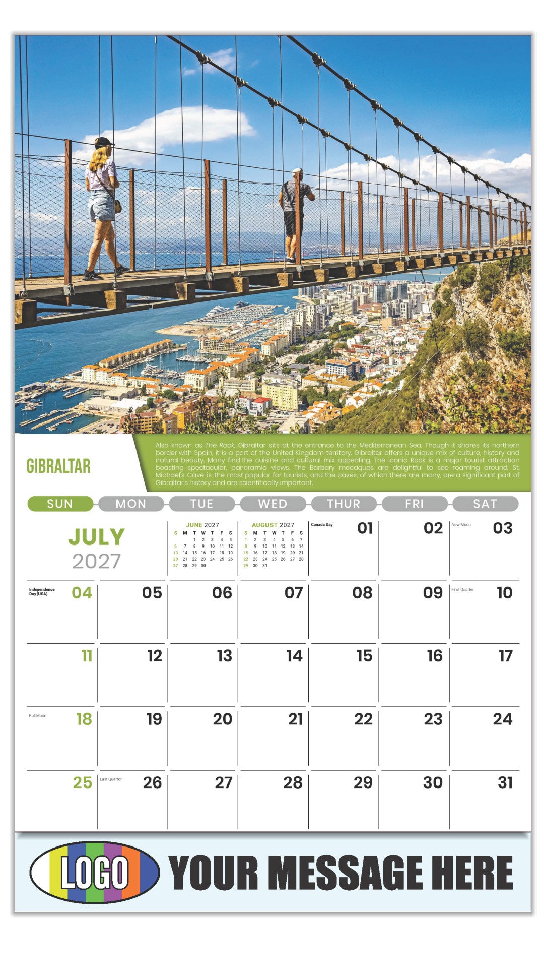2027 Business Promo Calendar - World Travel Destinations  - July - Windsor Suspension Bridge, Gibraltar