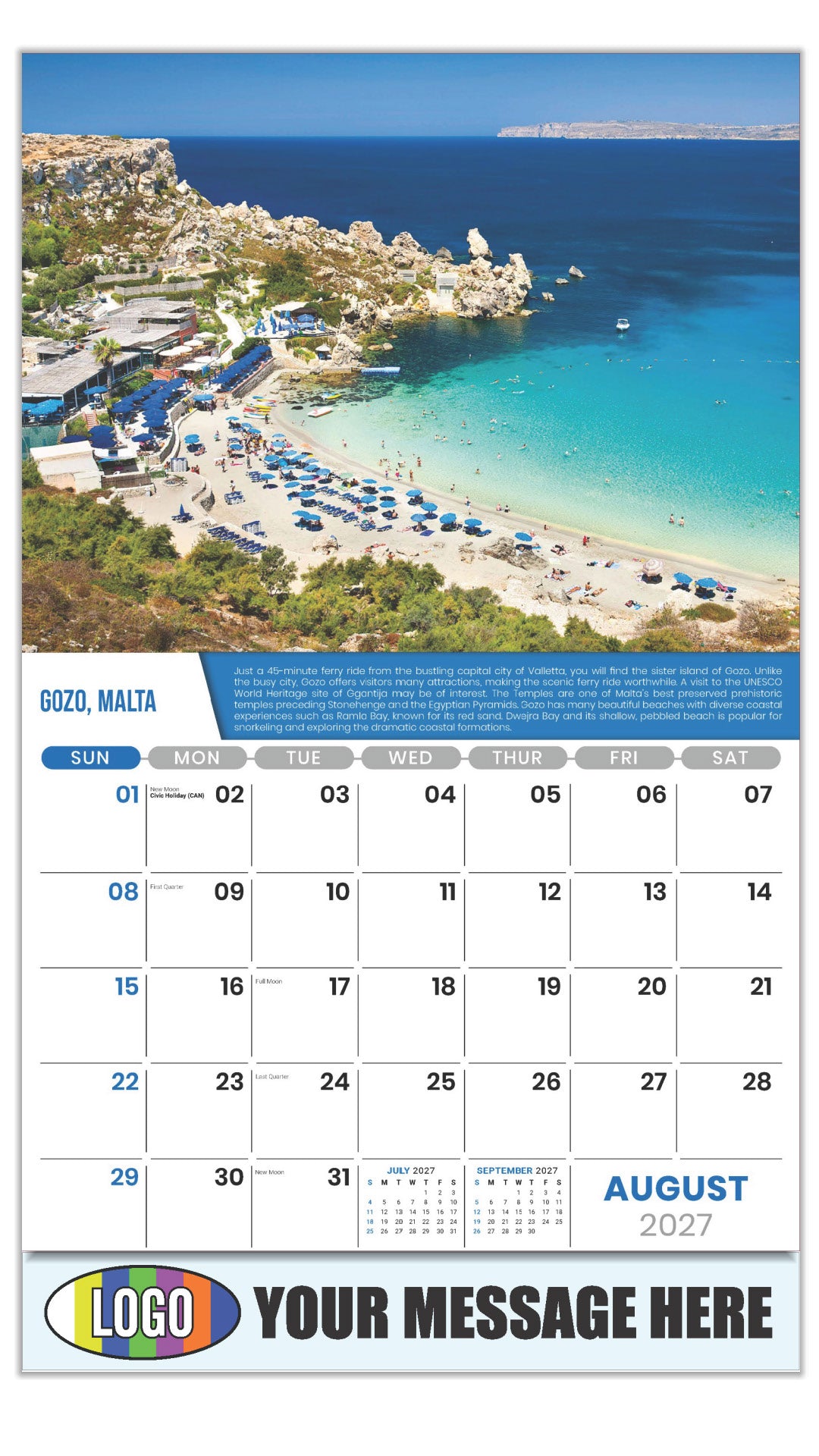 2027 Business Promo Calendar - World Travel Destinations  - August - Gozo, Malta