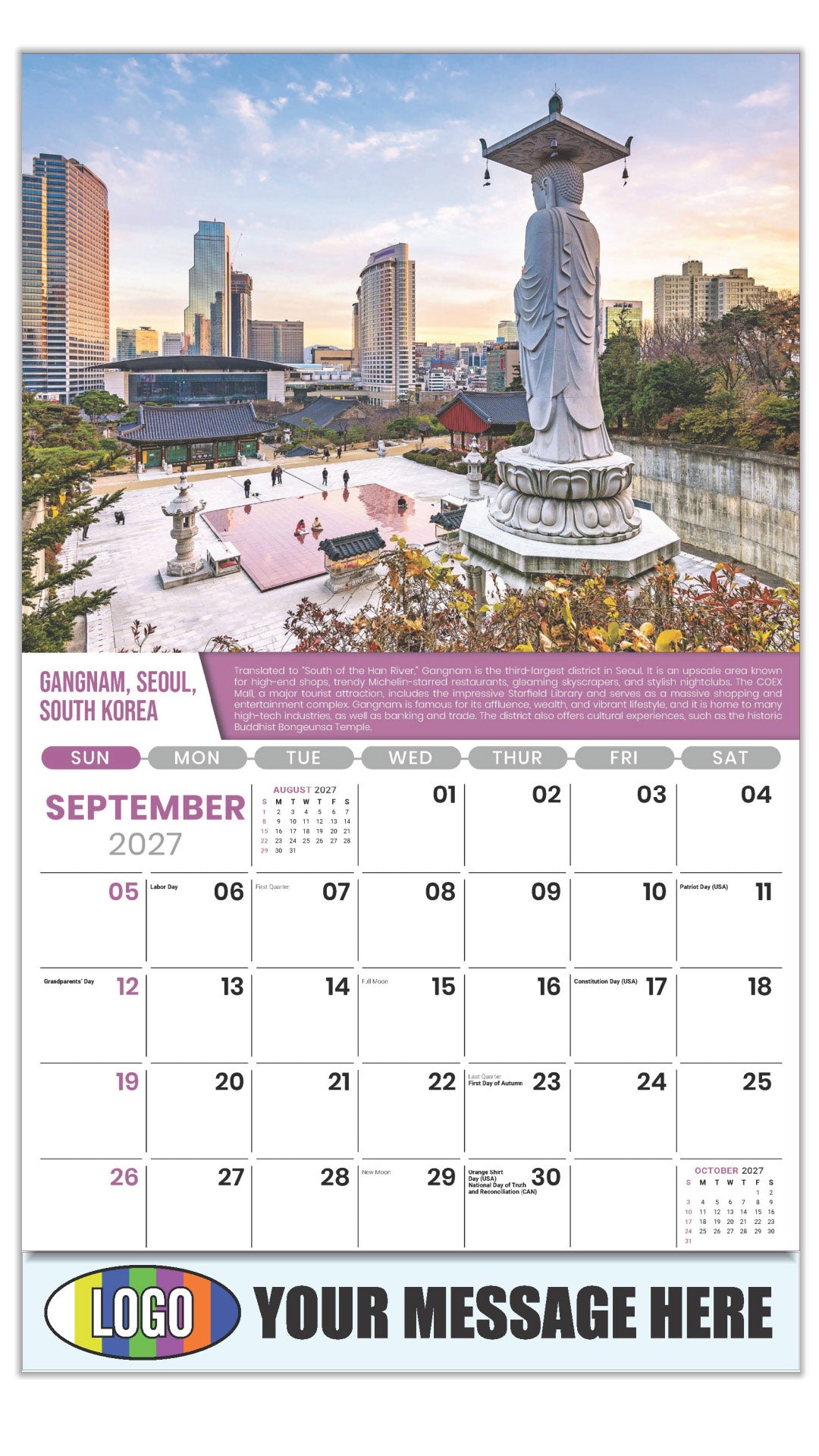 2027 Business Promo Calendar - World Travel Destinations  - September - Gangnam, Seoul, South Korea