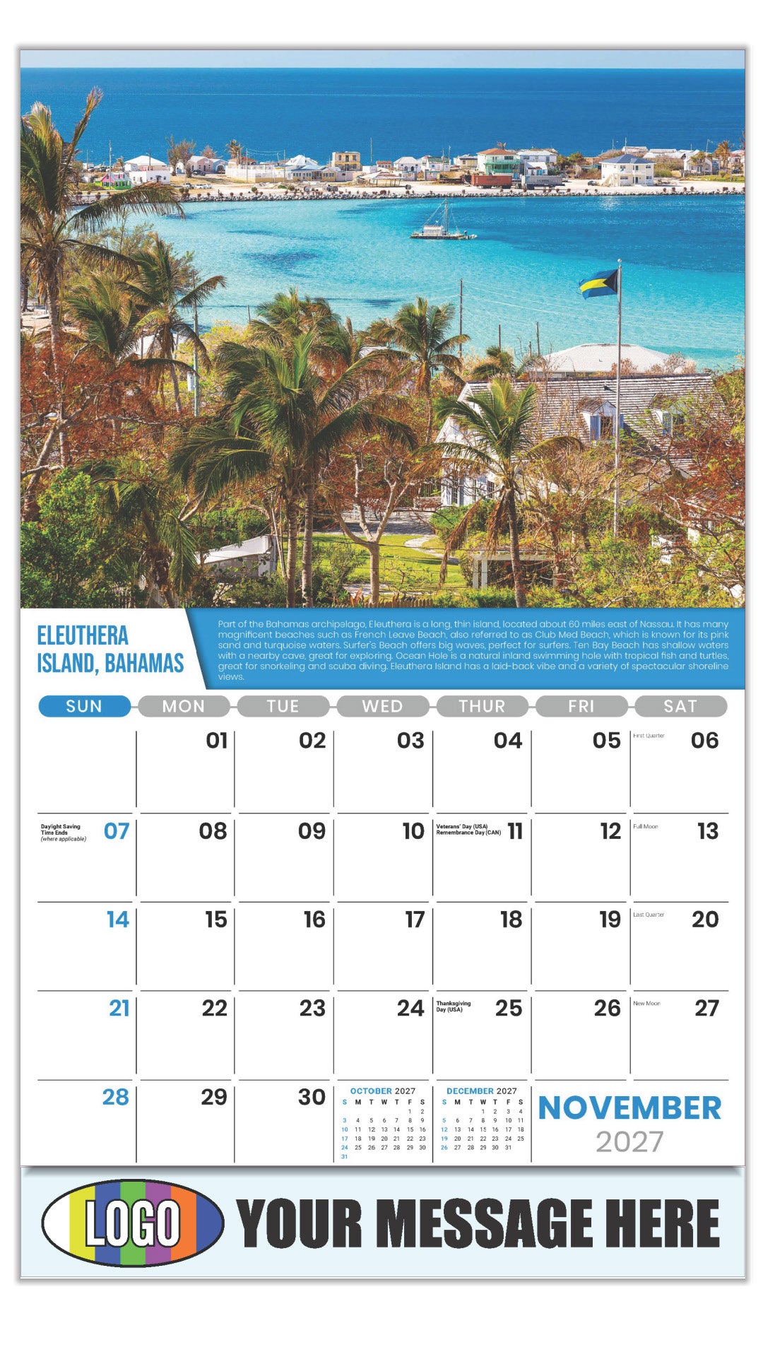 2027 Business Promotion Calendar - World Travel Destinations  - November - Eleuthera Islands, Bahamas