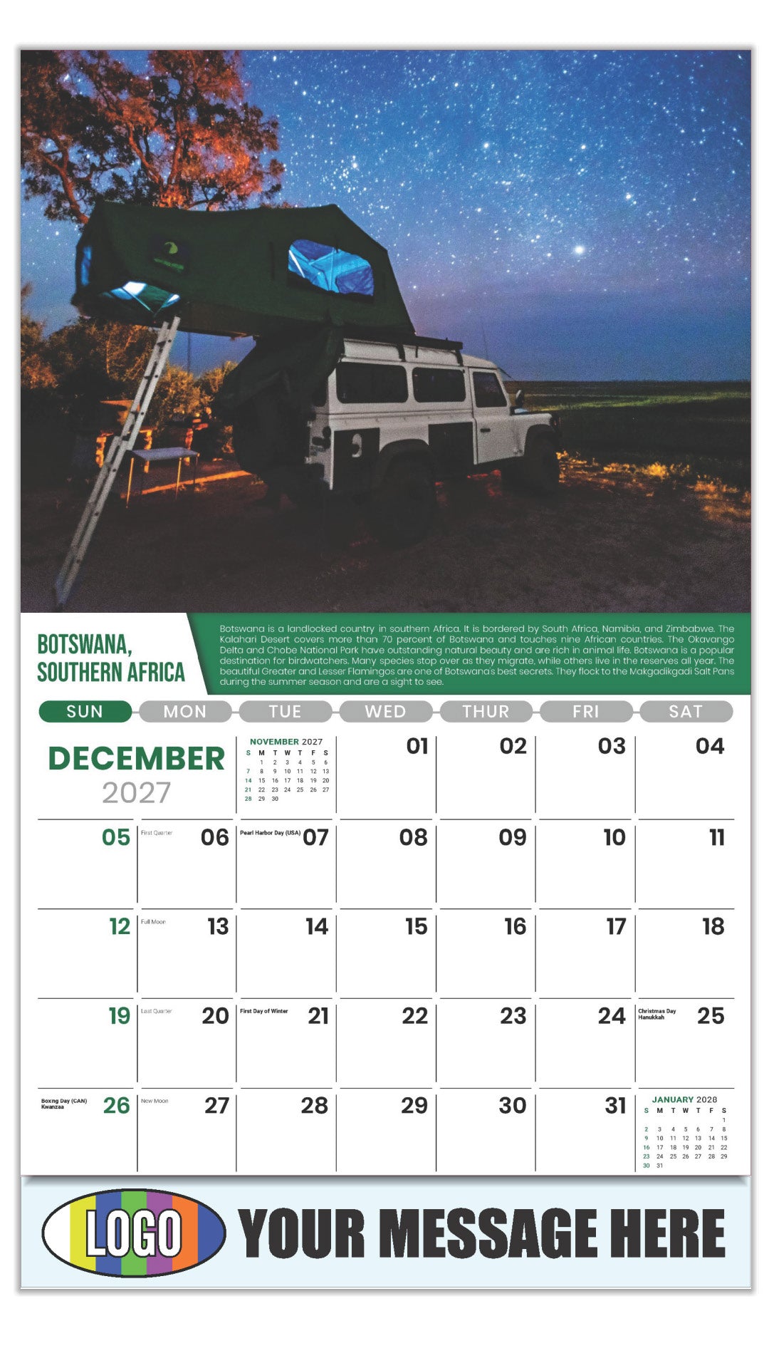 2027 Business Promotion Calendar - World Travel Destinations  - December - Botswana, Southern Africa