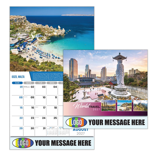 Calendar with scenic images of Gozo, Malta and a cityscape, featuring customizable text and logos.