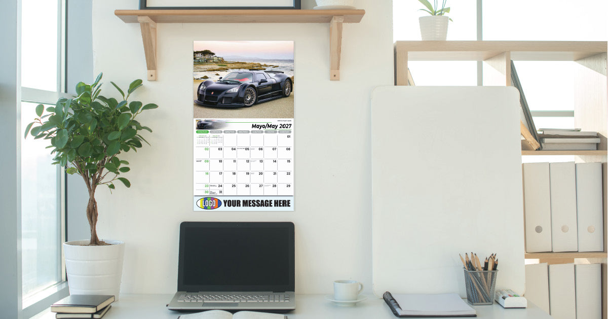 Calendar on a desk with a car image and customizable text area.