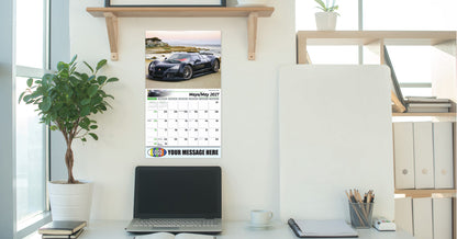 Calendar on a desk with a car image and customizable text area.
