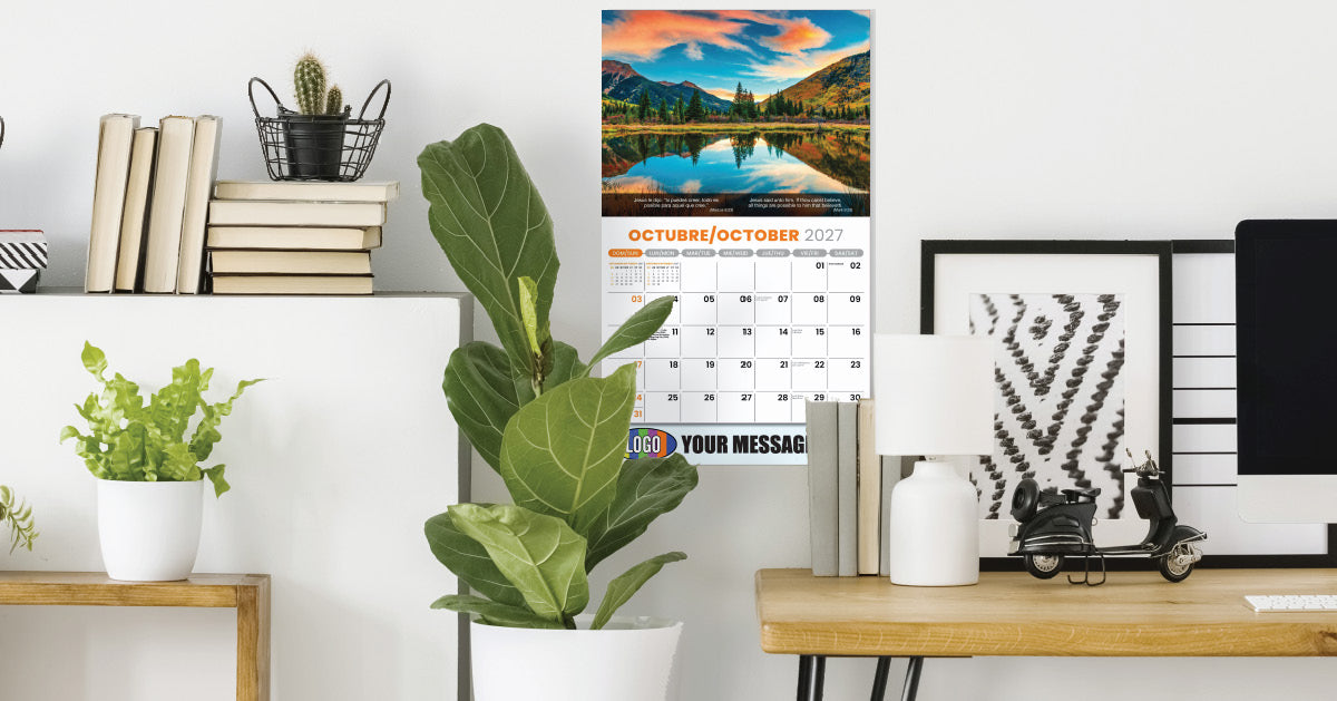 Modern office desk with plants, books, and a calendar on a white wall.
