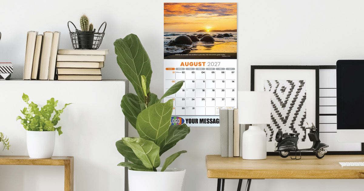 Faith Passages Calendar on a wall with a desk and plants in the foreground