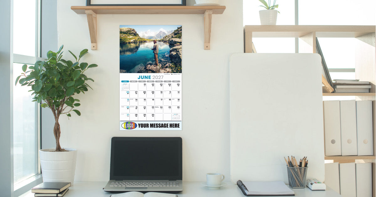 Promotional Calendar on a wall in an office setting with a laptop and desk.