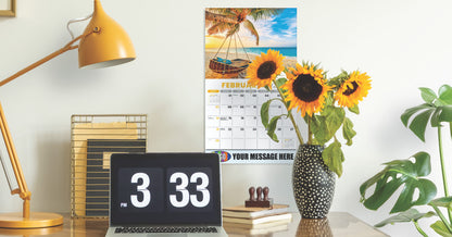 Beach themed wall calendar with space for branding with business information.