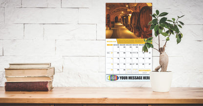 Branded promotional calendar on stone wall with small plant and aged books