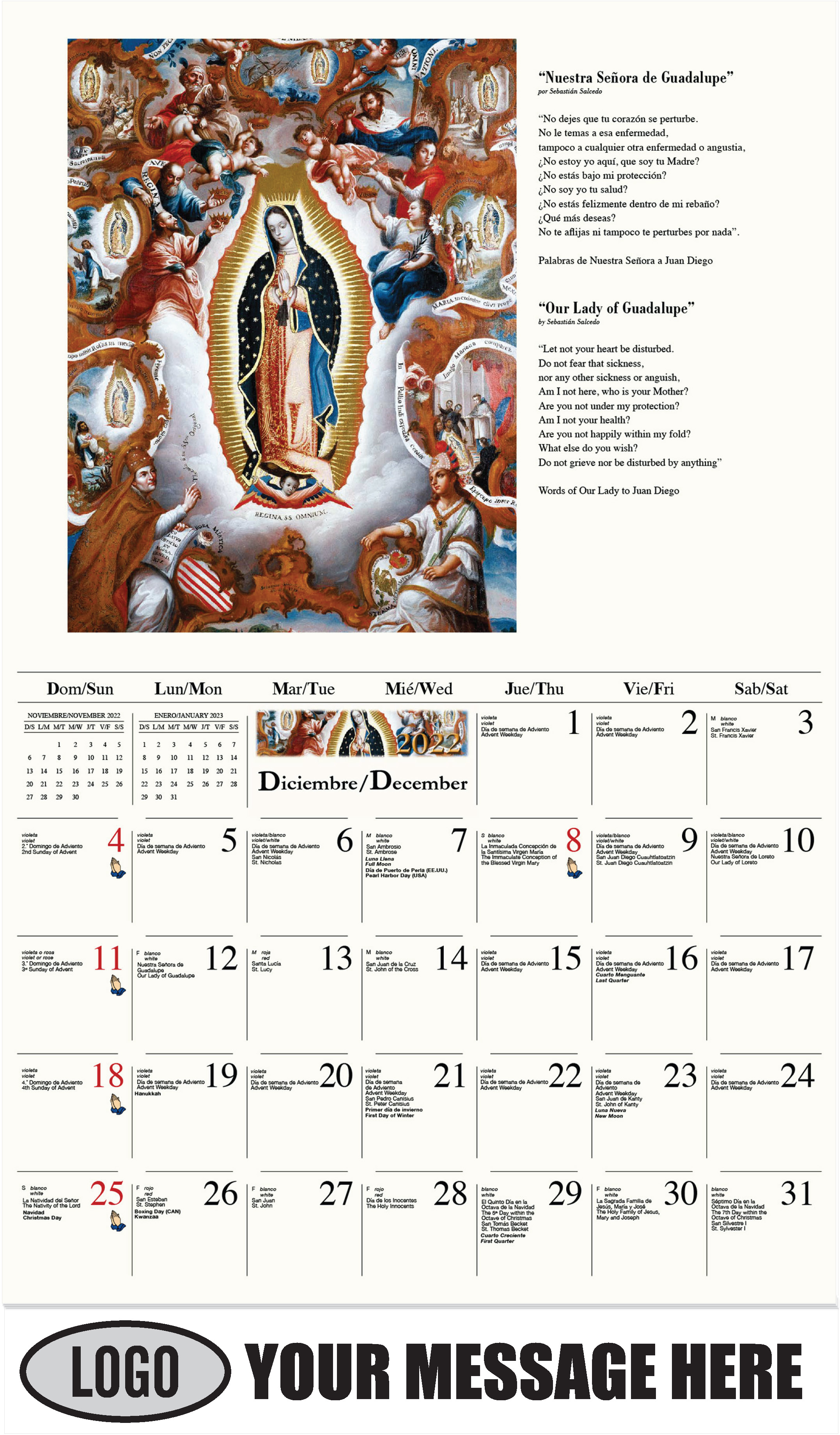 Nuestra Señora de Guadalupe por artista desconocido - December 2022 - Catholic Inspiration (Spanish-English bilingual) 2023 Promotional Calendar