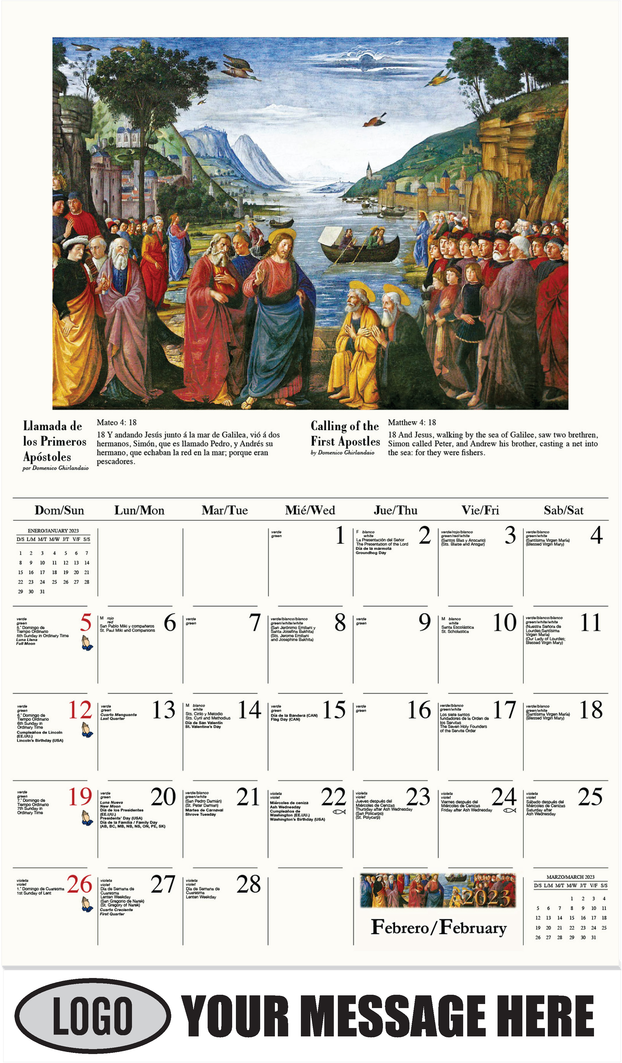 Llamada de los Primeros Apóstoles por Domenico Ghirlandaio - February - Catholic Inspiration (Spanish-English bilingual) 2023 Promotional Calendar