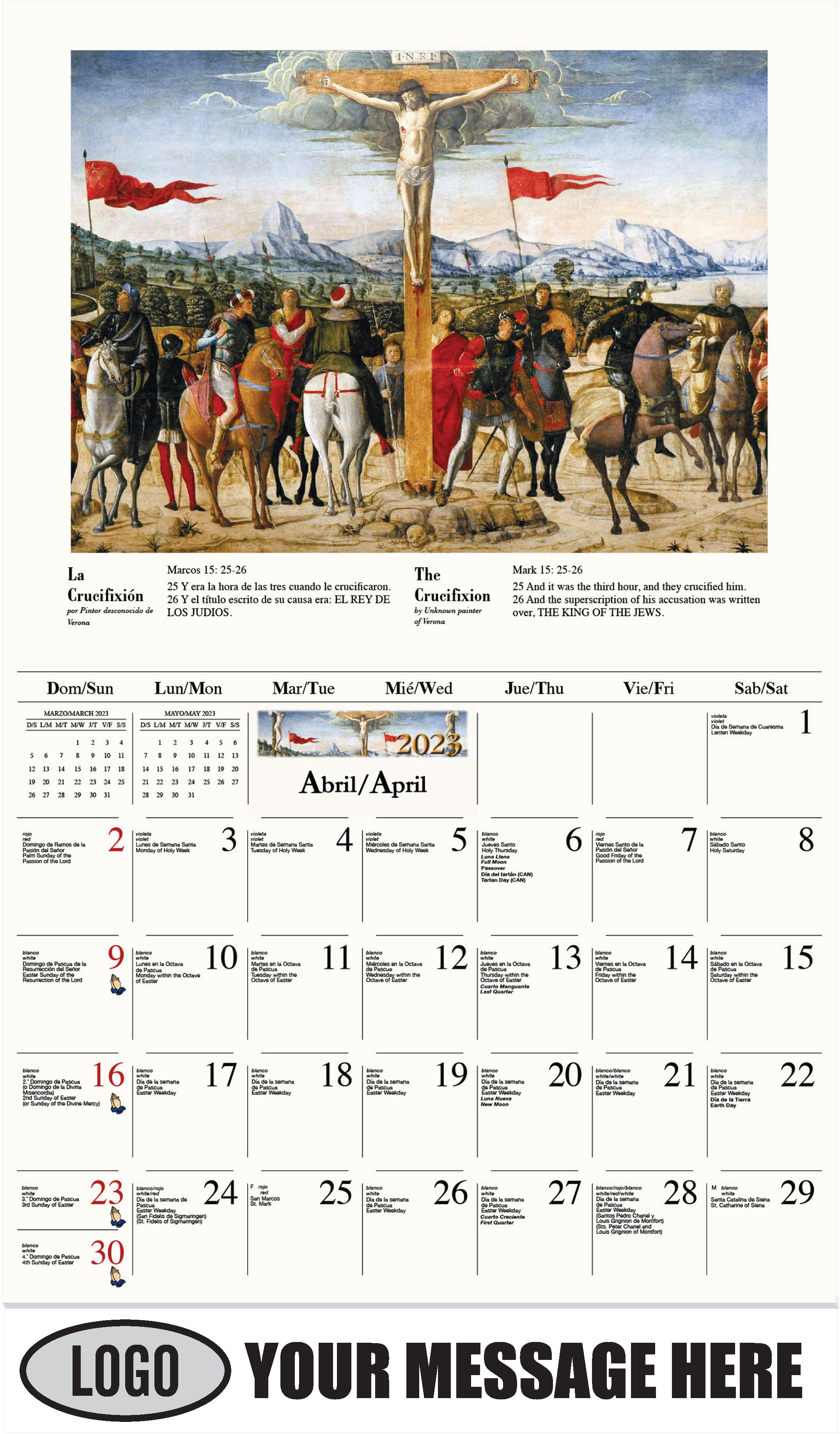 La crucifixión por Pintor desconocido de Verona - April - Catholic Inspiration (Spanish-English bilingual) 2023 Promotional Calendar
