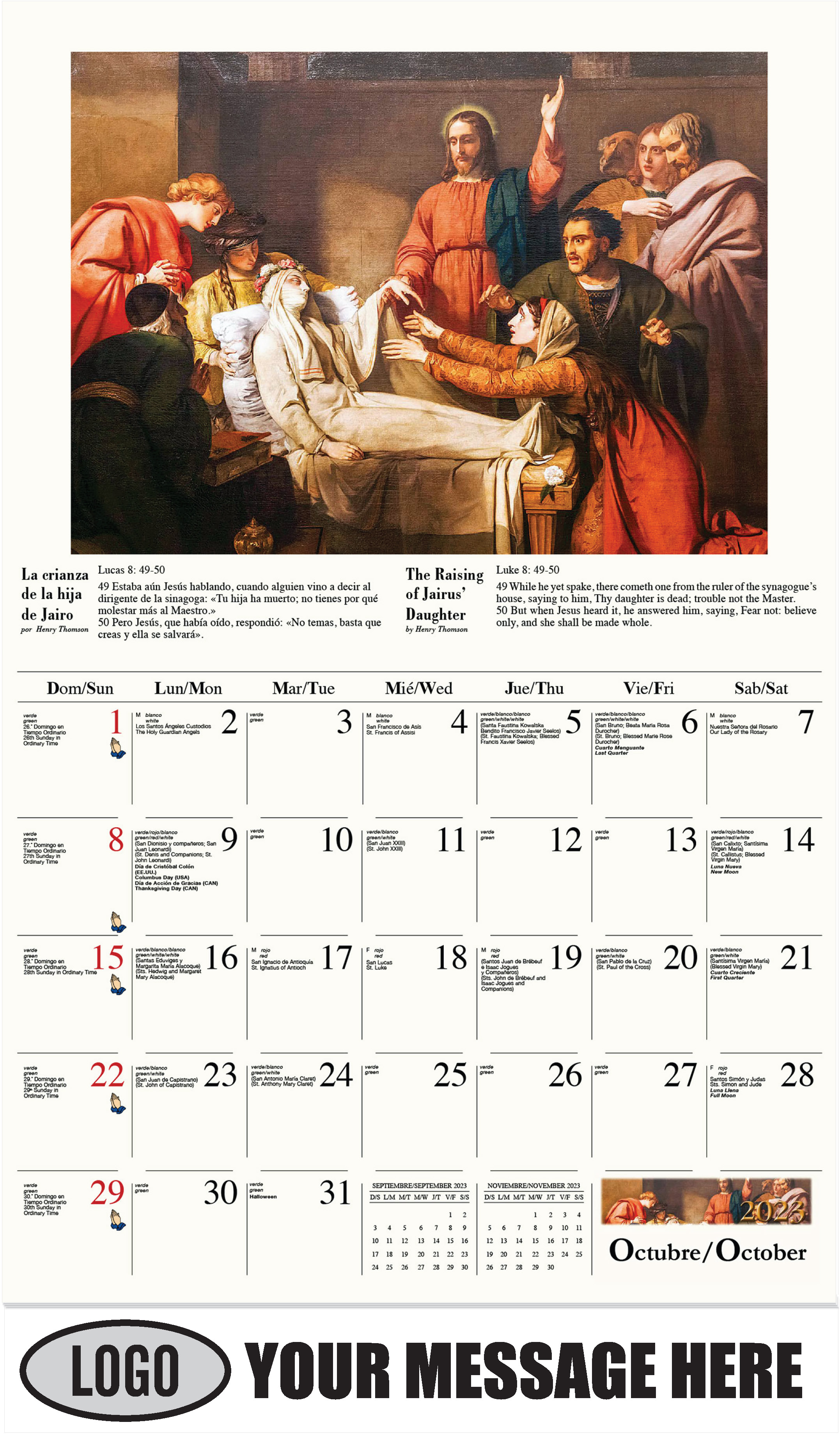 La crianza de la hija de Jairo por Henry Thompson - October - Catholic Inspiration (Spanish-English bilingual) 2023 Promotional Calendar