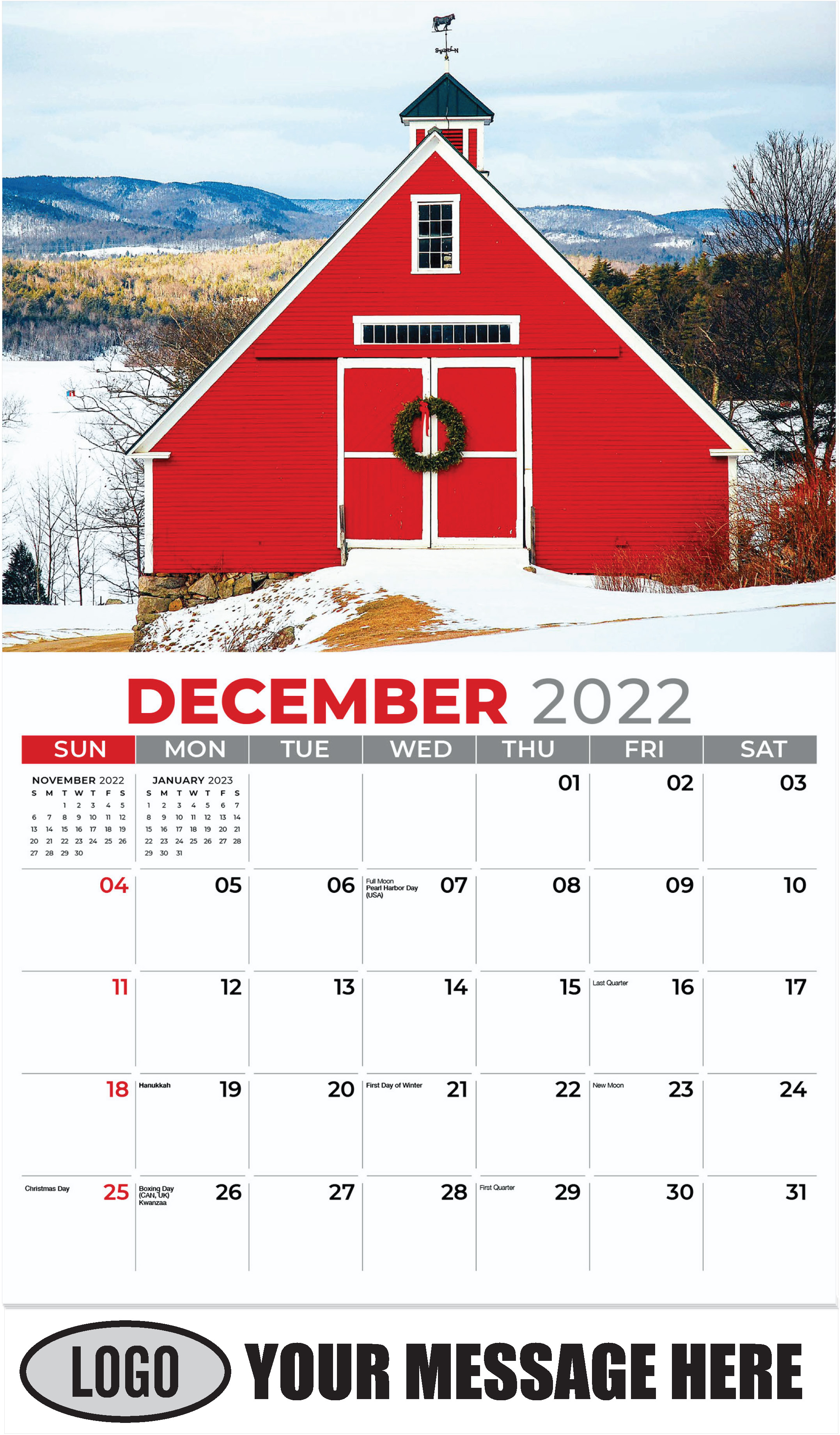 Red barn at Christmas - December 2022 - Country Spirit 2023 Promotional Calendar