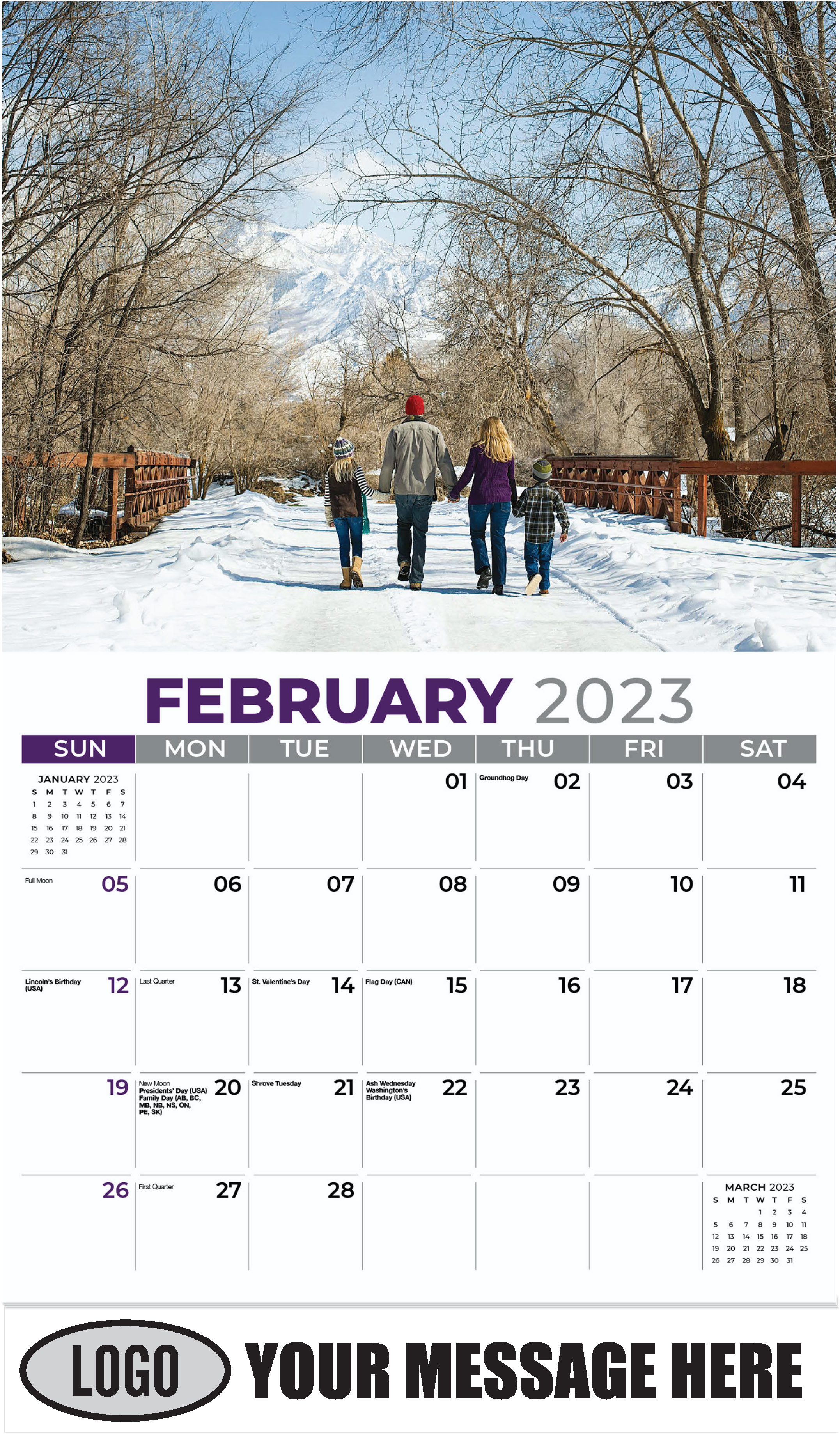 Family Walking in the Snow - February - Country Spirit 2023 Promotional Calendar