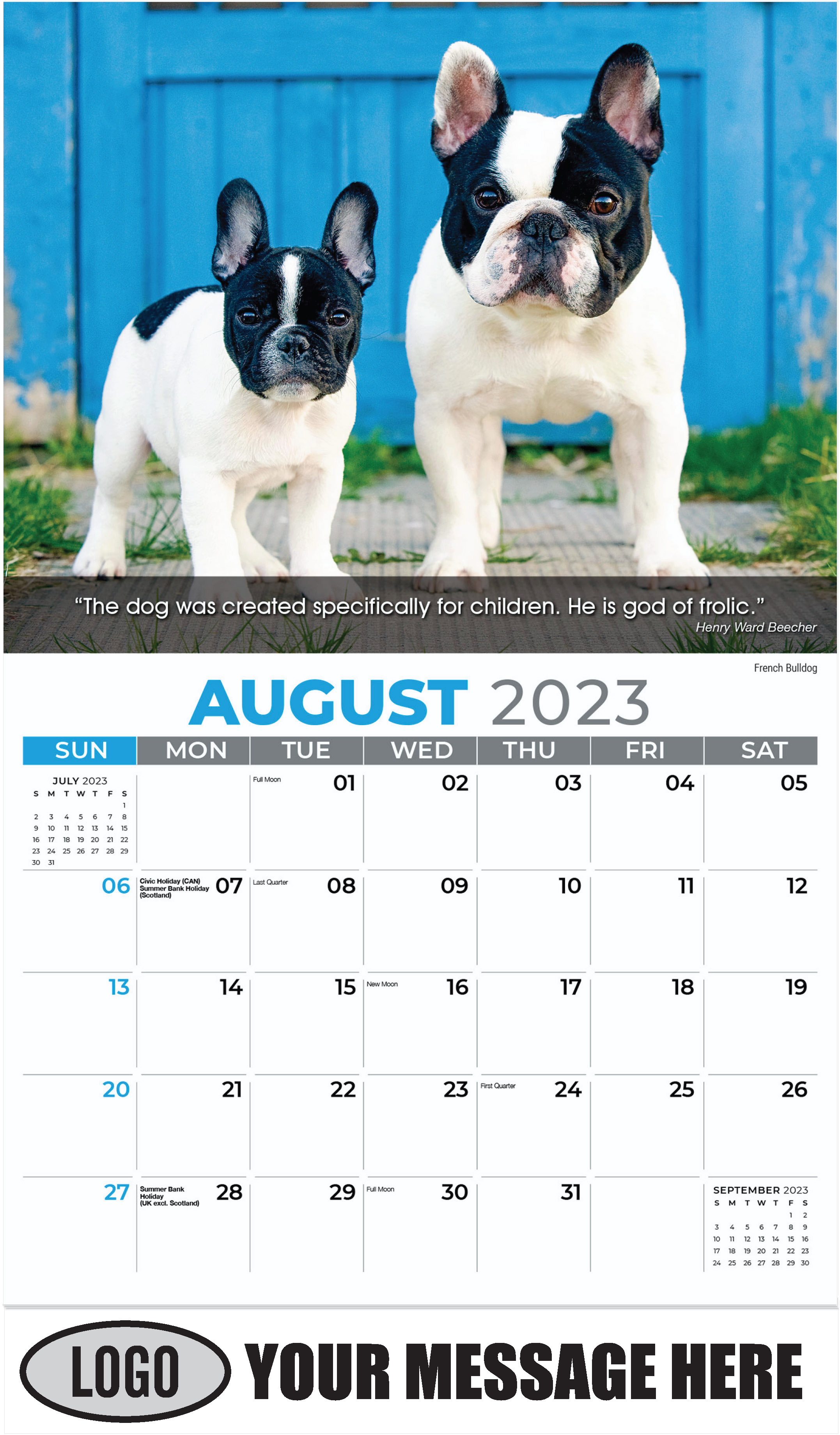 French Bulldog & Pup - August - Dogs, ''Man's Best Friends'' 2023 Promotional Calendar