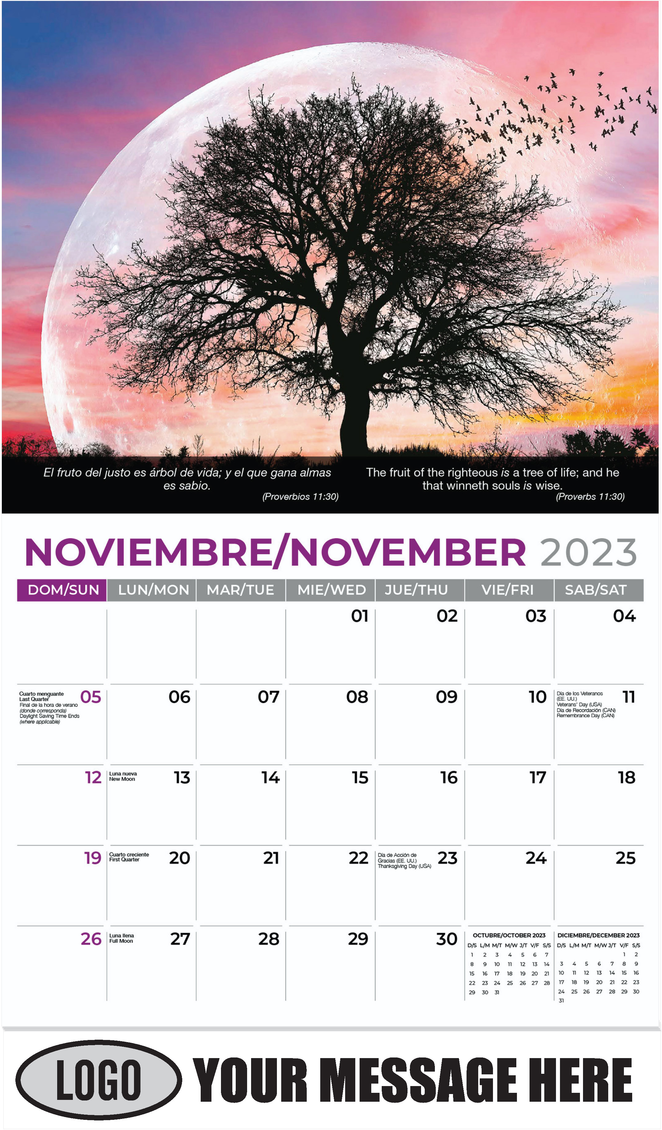 tree with sunset and birds - November - Faith-Passages-Eng-Sp 2023 Promotional Calendar