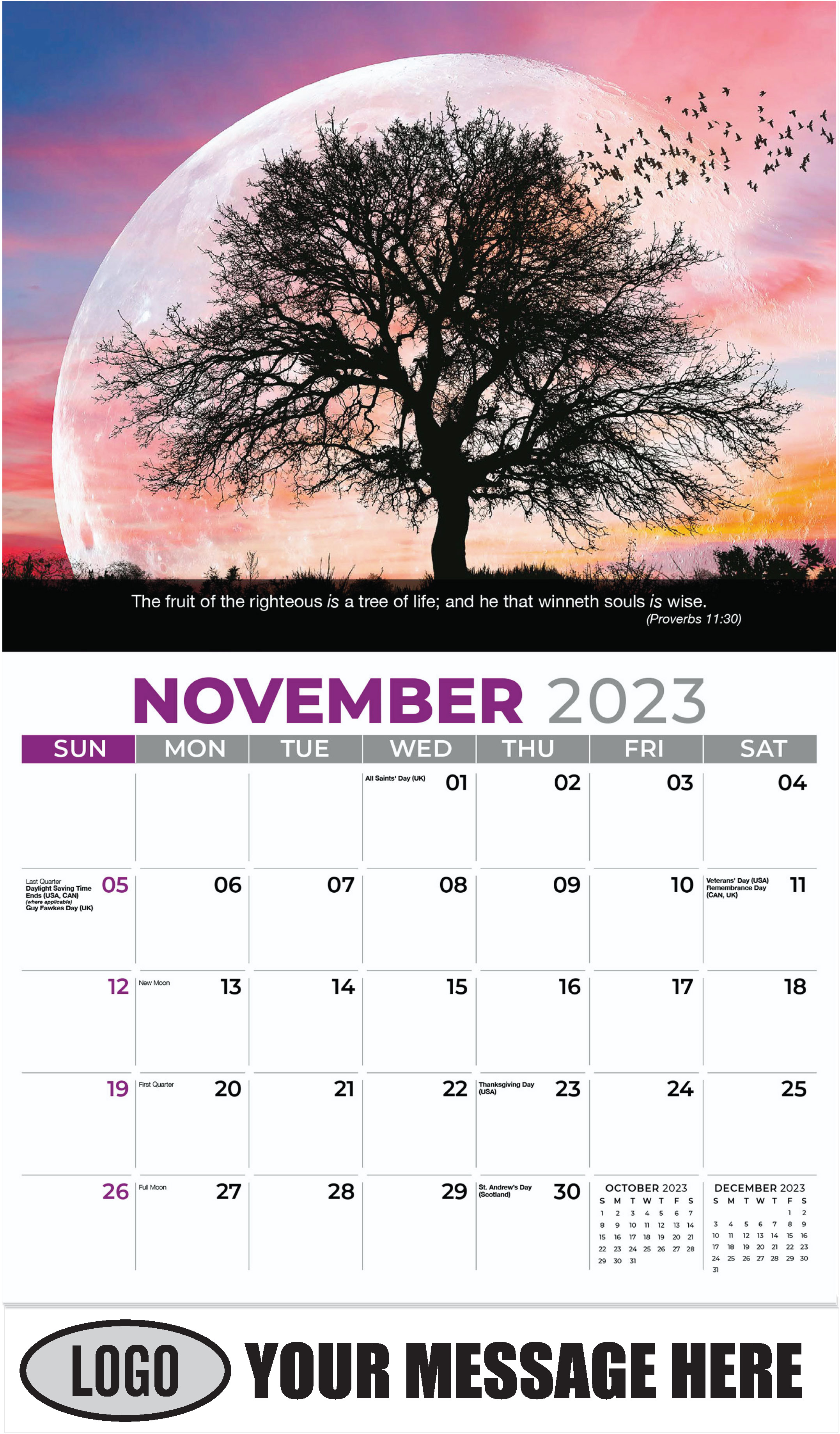 tree with sunset and birds - November - Faith Passages 2023 Promotional Calendar