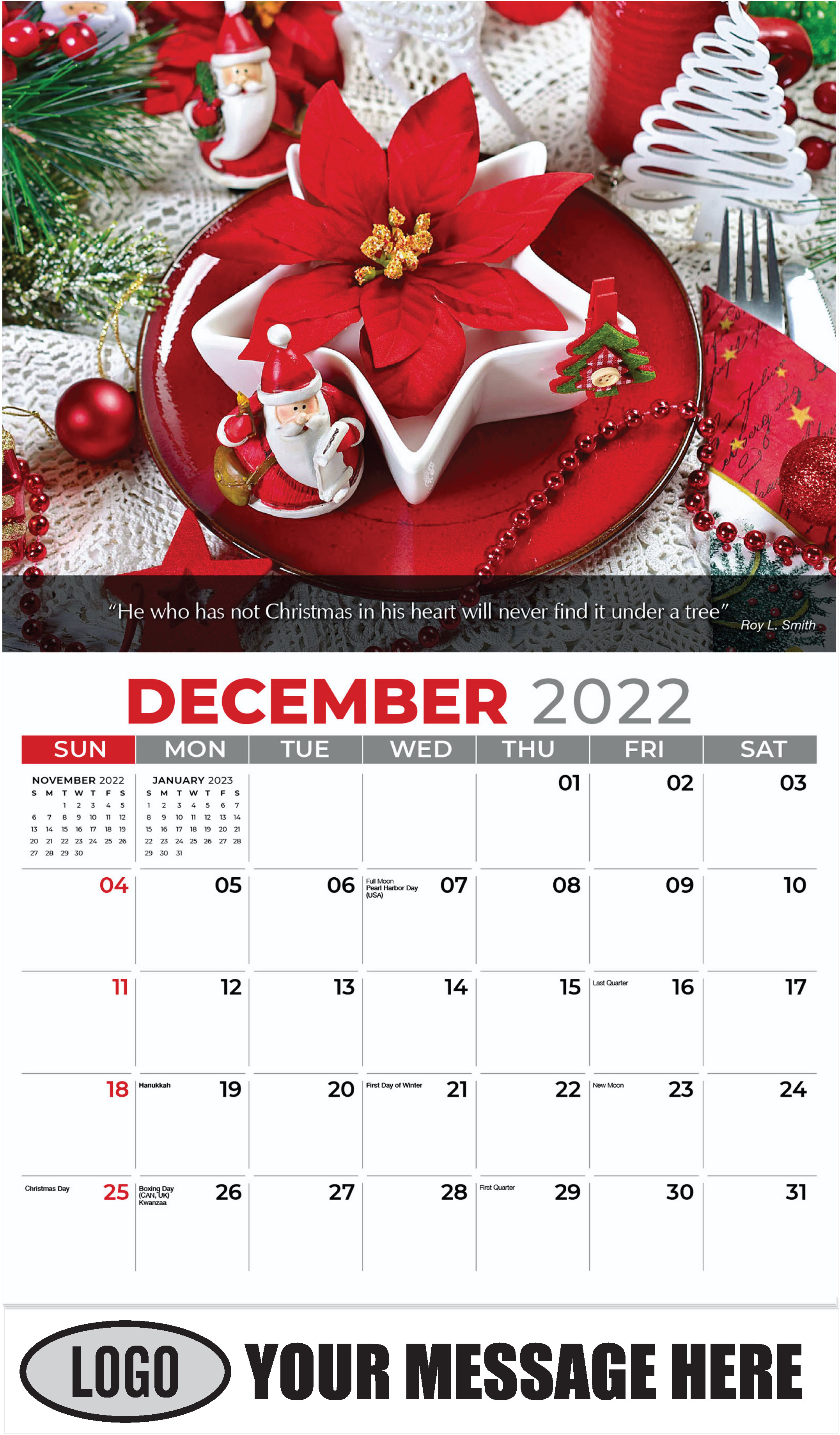 Red and White Decoration of Christmas Table - December 2022 - Flowers & Gardens 2023 Promotional Calendar