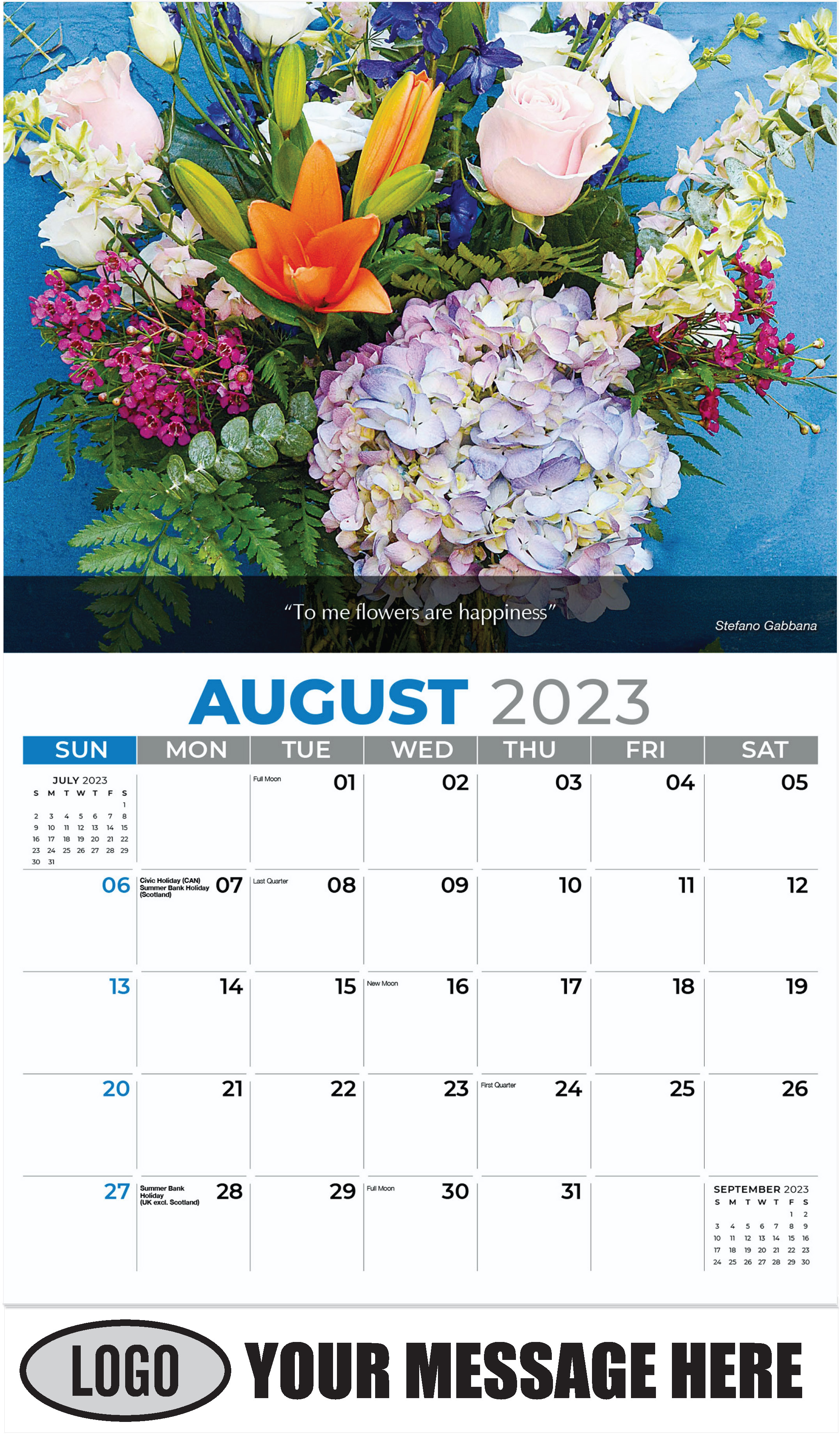 Hydrangea, Delphinium, Roses & Lilies - August - Flowers & Gardens 2023 Promotional Calendar