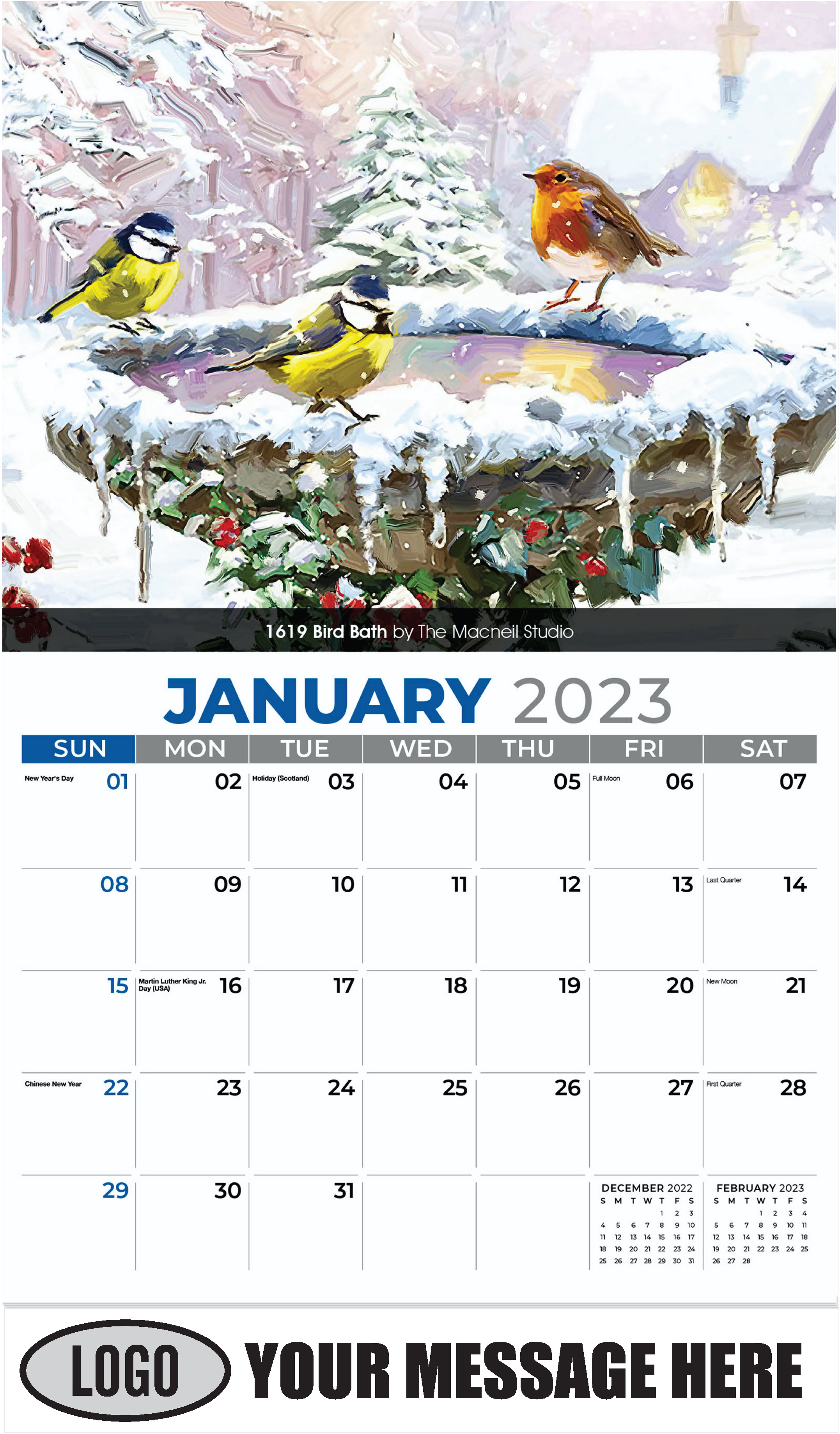 1619 Bird Bath by The Macneil Studio - January - Garden Birds 2023 Promotional Calendar