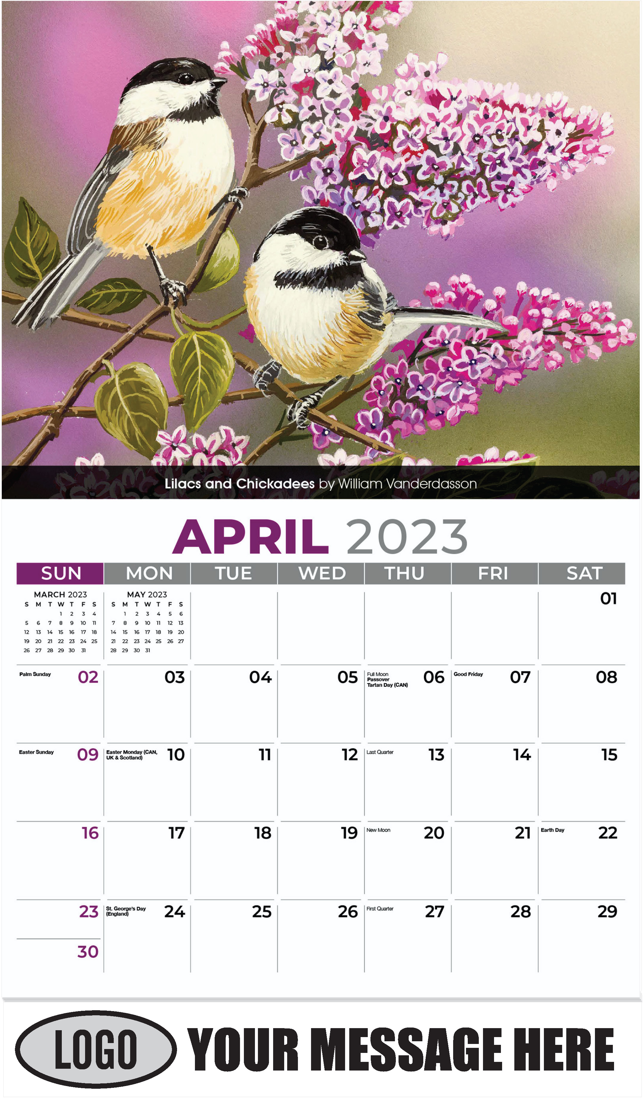 Lilacs and Chickadees by William
Vanderdasson
 - April - Garden Birds 2023 Promotional Calendar